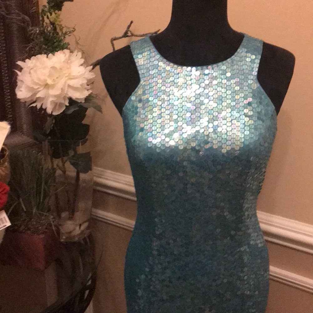 Adrianna Papell - Turquoise Sequin Long Gown, s 6